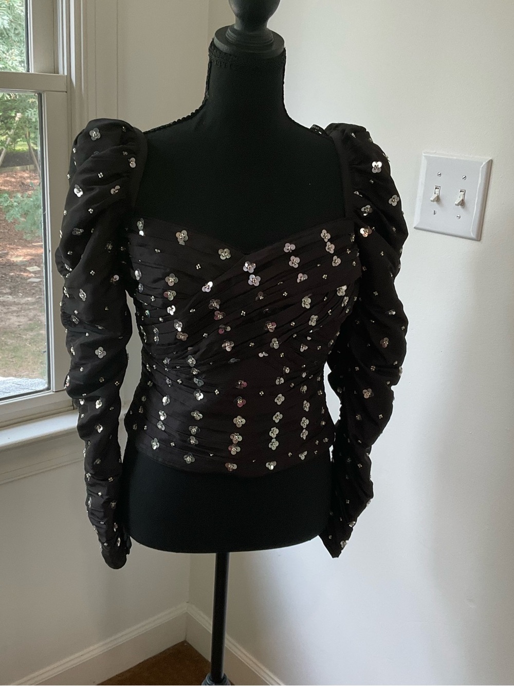 Self-Portrait Black Sequin Puff-Sleeve Ruched Square-Neck Top